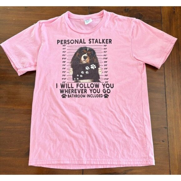 Personal Stalker Cavilar King Charles Print Pink T-shirt Kids Youth Size Large - Picture 1 of 8